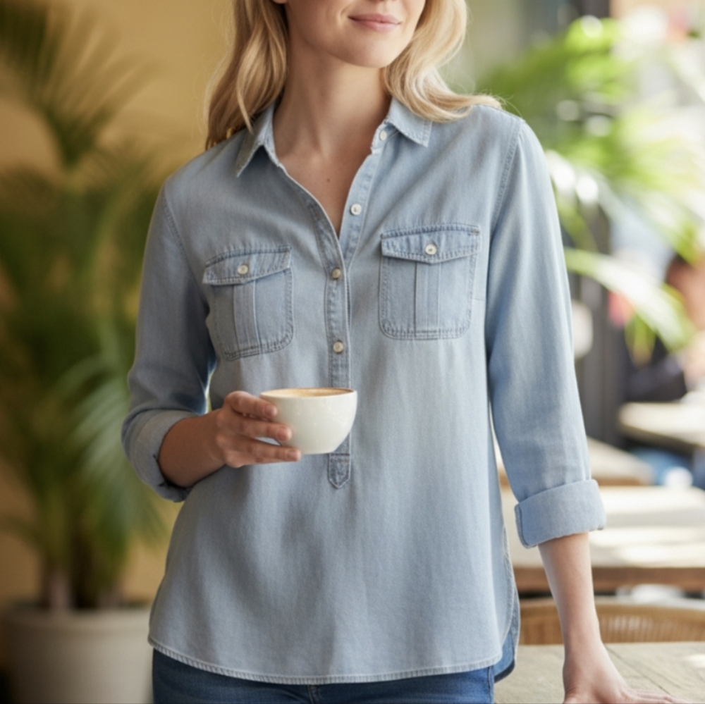Talbots Soft Blue Jean Half Button Up Casual Shirt